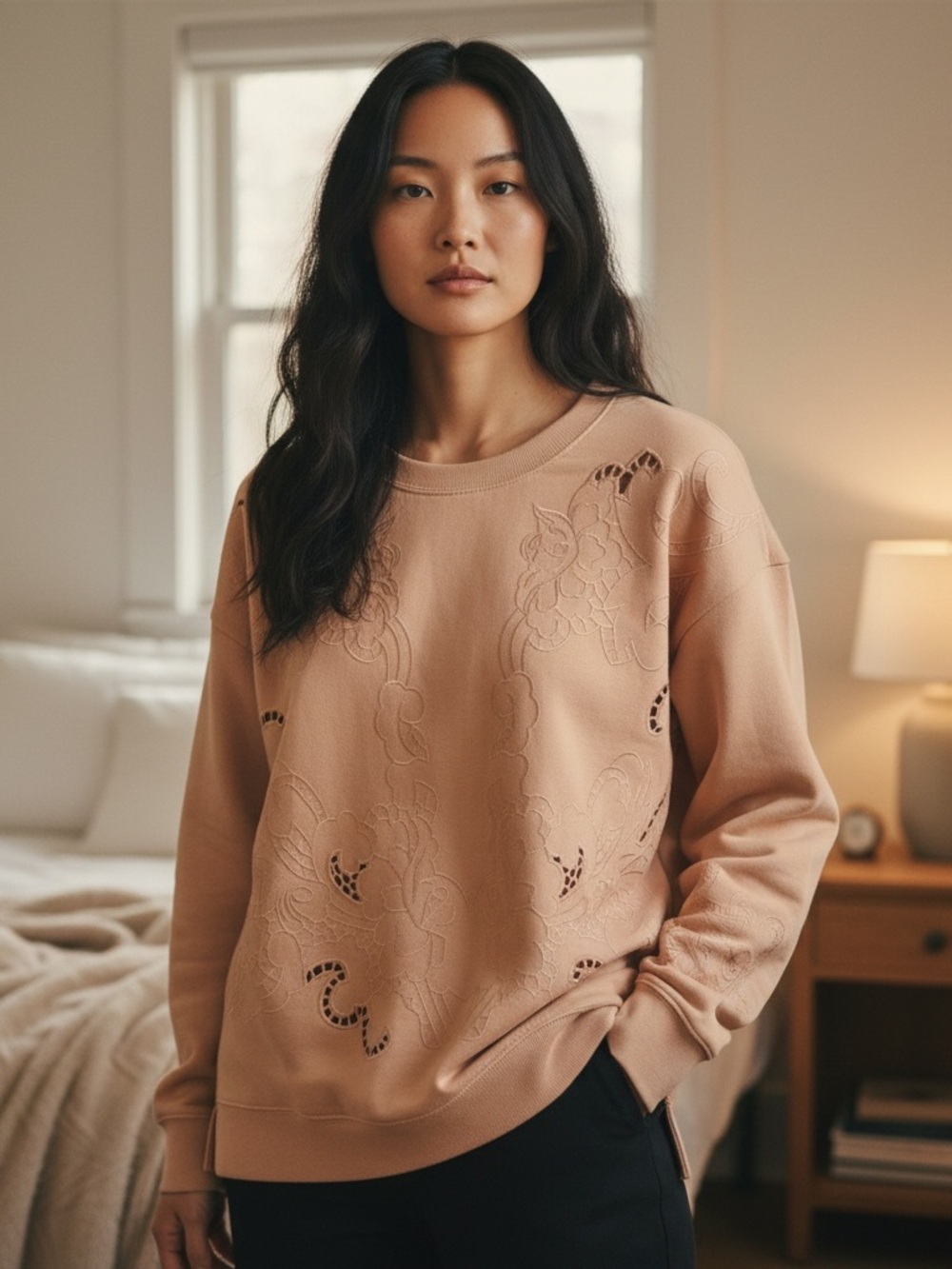POL Beige Orange Embroidered Crewneck Sweater